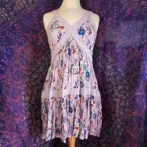 lavender rayon floral dress w/ lace detail. Size Medium but fits like a Small.